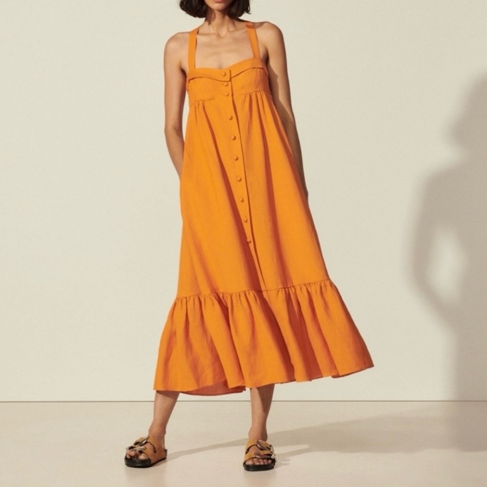 Sandro Orange Tulipe gathered shantung midi dress